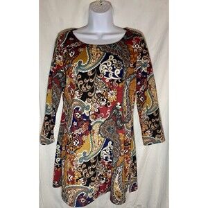 Travel Elements Womens Tunic Dress Medium Multicolor Paisley 3/4 Sleeve USA Made